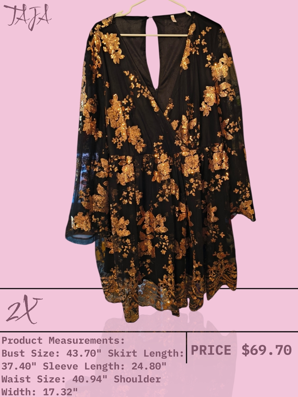 Black Dress with Rose Gold Sequin Floral Embroidery